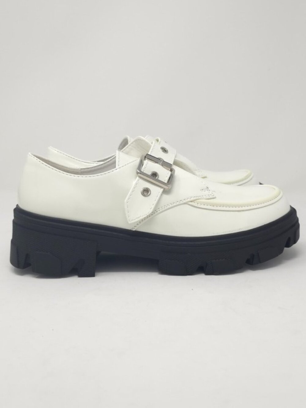 White Chunky Platform Loafers Buckle Strap Lug Sole Slip On Casual Trendy - Picture 3 of 9